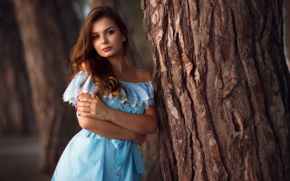 Woman blue dress forest portrait - magic realism free wallpaper for desktop