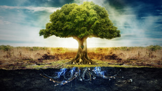 Tree blue fire sky clouds - solarpunk free wallpaper