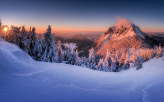Snowy mountain sunset trees lake - a mountain free wallpaper