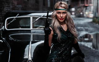 Woman dress gun car brick - dieselpunk free wallpaper