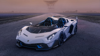 White blue sportscar road tower - foggy sky above free wallpaper