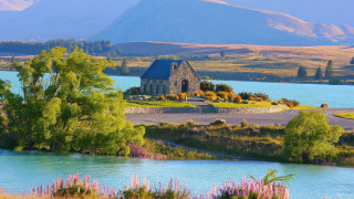 Church hill lake mountains sky - a church free wallpaper