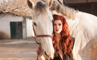 Red hair woman white horse - a barn in the background free wallpaper