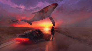 Car shark flying man retrofuturism - the side of the road free wallpaper