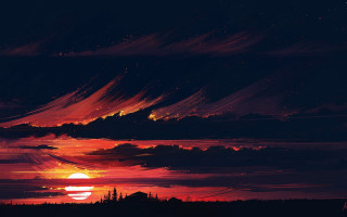 Sunset red sky clouds mountains - alena aenami free wallpaper
