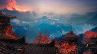 Mountain pagoda autumn leaves ceramic - an zhengwen free wallpaper