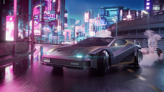Futuristic car cityscape neonlights bridge - synthwave style free wallpaper