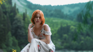 Red haired woman lake forest - near free wallpaper for desktop