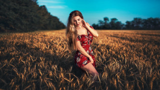 Woman red dress wheat field 3 - andor basch free wallpaper