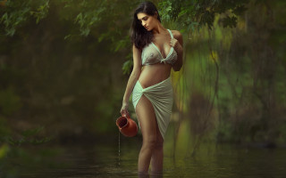 Woman dress watering can river - ann thetis blacker free wallpaper