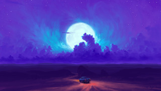 Purple moonlit road car fantasy - a digital painting free wallpaper