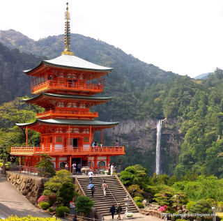 Tall red pagoda waterfall people - tall free wallpaper