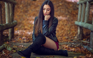 Woman bridge leather jacket autumn - a wooden bridge free wallpaper