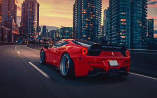 Red sports car city sunset 4 - skyscraper free wallpaper