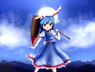 Girl blue dress umbrella sky - a full moon behind her free wallpaper