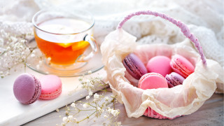 Basket macaroons tea book flowers - professional free wallpaper