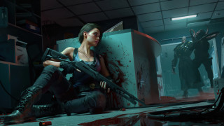 Woman kneeling machinegun blooded room - blood free wallpaper for desktop