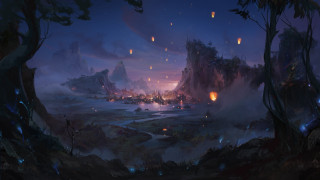 Fantasy landscape mountain town night - anton fadeev free wallpaper