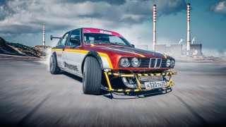 Red yellow car road smokestacks - car free wallpaper