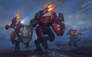 Robots warhammer mecha explosion sunset - darek zabrocki free wallpaper