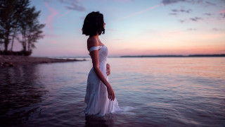 Woman white dress water sunset - sunset free wallpaper