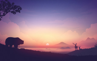 Silhouetted bear deer sunset mountains - atey ghailan free wallpaper