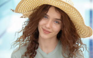 Woman smiling strawhat blue background - barbizon school free wallpaper