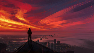 Sunset cityscape roof silhouette matte - alena aenami free wallpaper