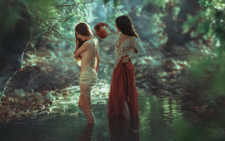 Two women stream woods holding - impressionist free wallpaper