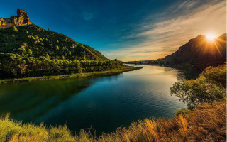 Lake mountains trees sunset sky 2 - david boyd free wallpaper