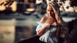 Blonde woman river serious cinematic - the side with free wallpaper