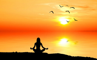 Yoga woman sunset birds water - tranquil free wallpaper