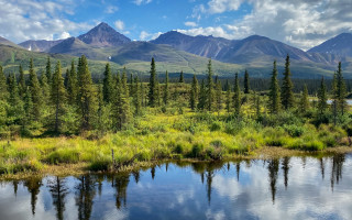 River trees mountains clouds sky - tree and mountains free wallpaper
