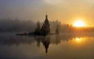 Church island lake sunset gothic - a small island in the middle of a lake free wallpaper