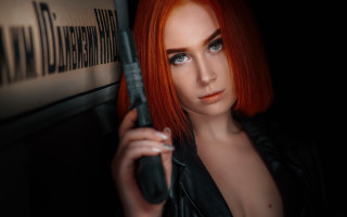 Redhair woman blackumbrella serious portrait - red hair holding free wallpaper