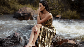 Woman rock river waterfall gold - a river free wallpaper
