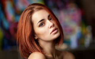 Redhair bob lookingsky colorful background - figurative art free wallpaper