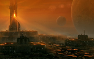 Afrofuturism futuristic city tower sunset - a distant planet in the foreground free wallpaper