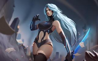 Futuristic woman sword city blurry - a sword and a knife free wallpaper