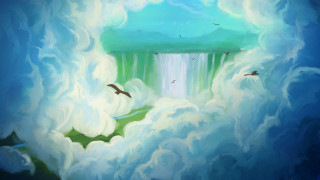 Waterfall birds flying clouds mountain - matte fantasy painting free wallpaper