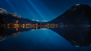 Lake mountain city night lights - night free wallpaper