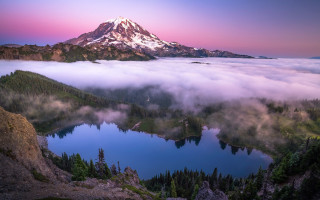 Mountain lake clouds forest sunset 3 - alson s. clark free wallpaper