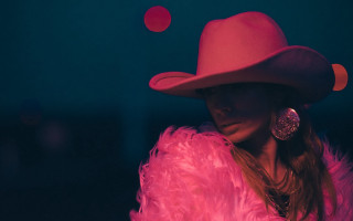 Pink feather coat moon portrait - kitsch movement free wallpaper for desktop