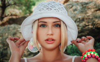 Blonde woman white hat bracelets - rock free wallpaper