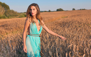 Woman blue dress wheat field - christian hilfgott brand free wallpaper