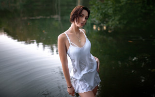 Woman white dress water trees - river free wallpaper
