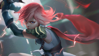 Red haired woman sword bird - a red cape holding free wallpaper