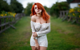 Red hair white dress field 2 - art nouveau free wallpaper