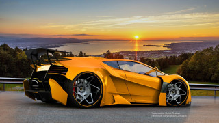 Yellow sports car lake sunset - andrew law free wallpaper