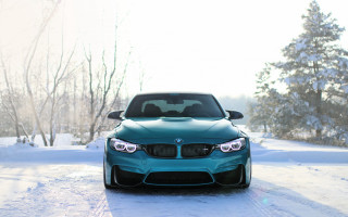 Blue car snowy road winter - the car free wallpaper